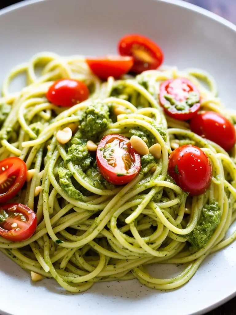 A plate of spaghetti with pesto sauce. The spaghetti is coated in a vibrant green pesto sauce and topped with cherry tomatoes and pine nuts. The dish looks fresh, vibrant, and incredibly appetizing.