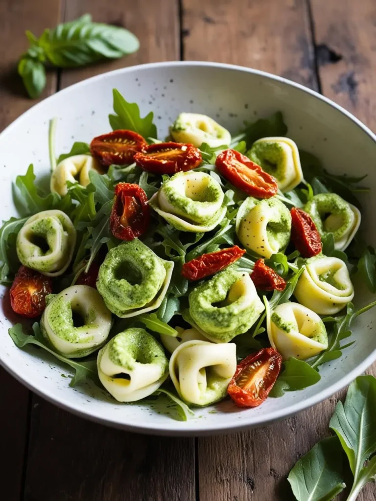 A close-up view of a bowl of tortellini salad. The salad is made with tortellini pasta, pesto sauce, sun-dried tomatoes, and arugula.