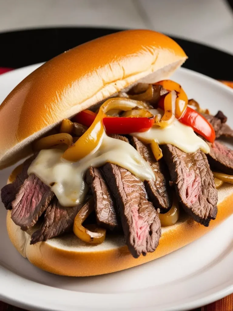 A juicy Philly cheesesteak sandwich with thinly sliced steak, melted cheese, and sautéed peppers and onions, served on a toasted hoagie roll.