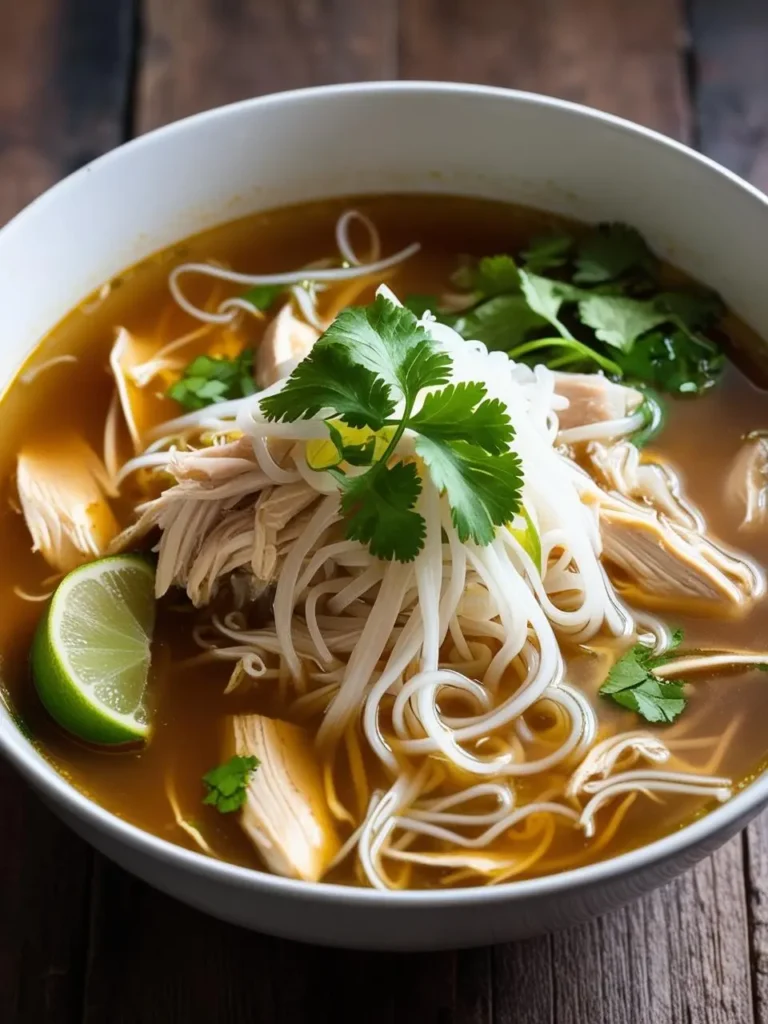 A steaming bowl of Vietnamese pho. The broth is rich and aromatic, filled with tender chicken, rice noodles, and fresh herbs like cilantro. A slice of lime adds a bright touch of flavor. This comforting dish is perfect for a warm and satisfying meal.