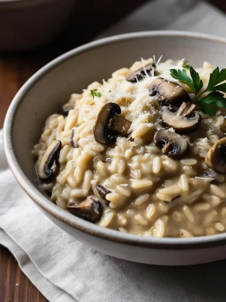 A bowl of creamy mushroom risotto. The risotto is cooked to a perfect al dente texture and studded with savory mushrooms. It's garnished with grated Parmesan cheese and fresh parsley, adding a touch of richness and freshness.