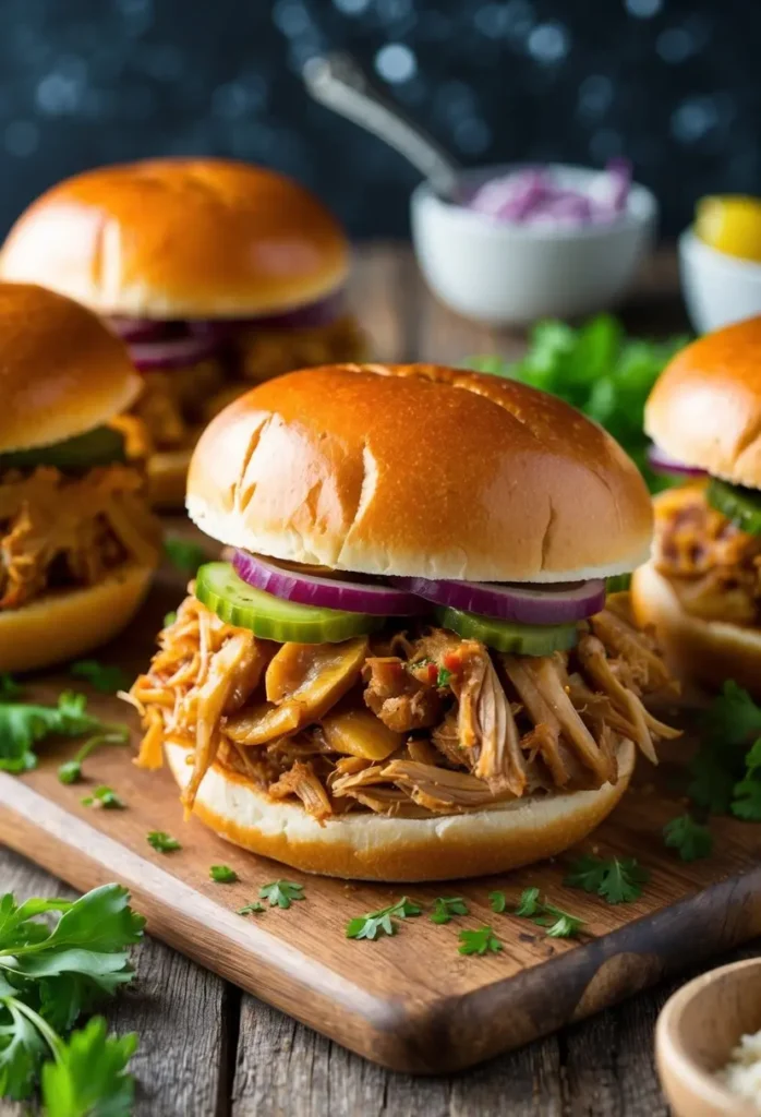 Three pulled pork sandwiches on a wooden board. The sandwiches are topped with pickles and onions and garnished with parsley.