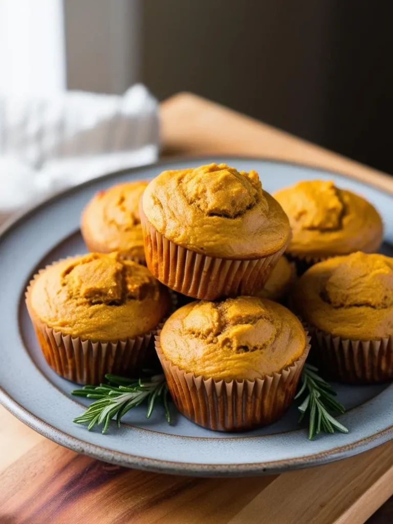 A plate of freshly baked pumpkin muffins, piled high and garnished with fresh rosemary. The muffins are golden brown and look incredibly moist and delicious.