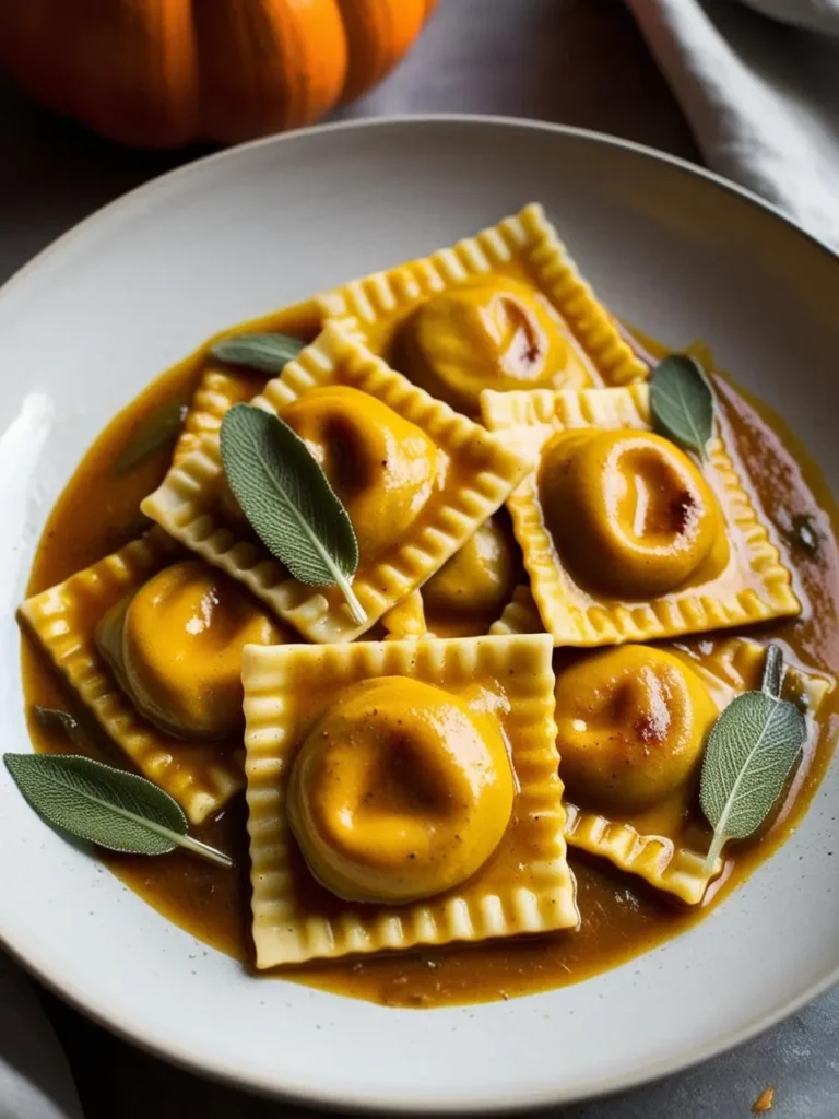 A plate of pumpkin ravioli with a sage butter sauce. The ravioli is golden brown and filled with a creamy pumpkin filling. The dish is garnished with fresh sage leaves and a drizzle of olive oil. It looks delicious and inviting.