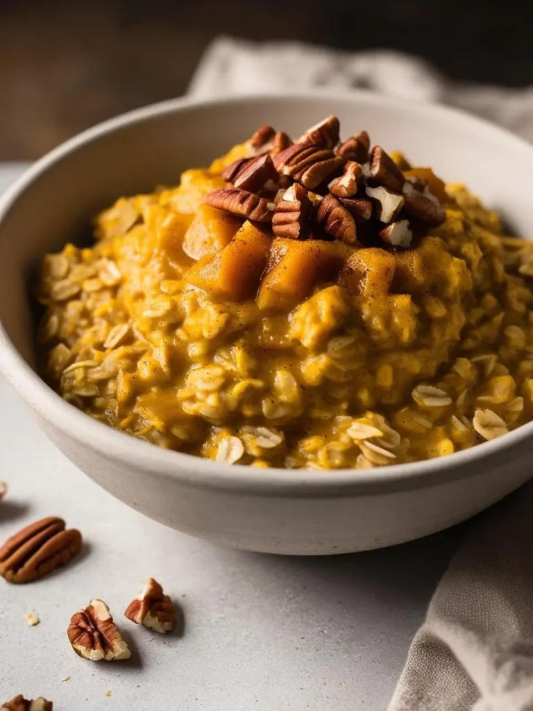 A bowl of creamy pumpkin spice oatmeal topped with chopped pecans. The oatmeal looks warm, inviting, and perfect for a cozy fall morning.