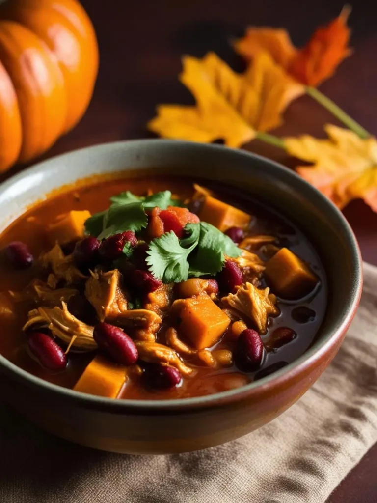 A close-up of a bowl of hearty chili with pumpkin, chicken, and beans. The chili is garnished with fresh cilantro and surrounded by fall leaves and a pumpkin. The dish looks warm, comforting, and perfect for the autumn season.