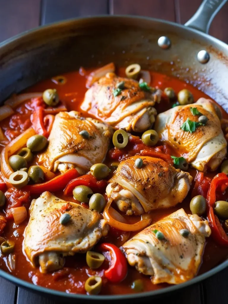 A close-up view of a skillet filled with Chicken Piccata. The dish features tender chicken thighs simmered in a lemony sauce with capers, olives, and bell peppers. The dish is garnished with fresh parsley.