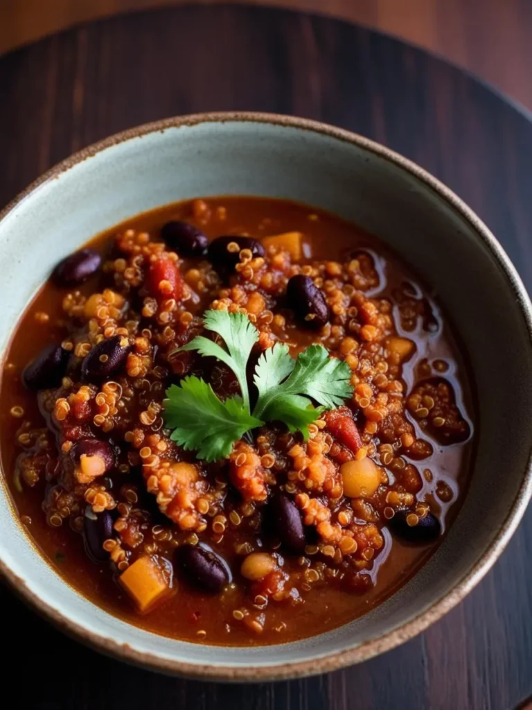 A bowl of hearty and flavorful vegetarian chili, made with black beans, quinoa, and a variety of vegetables. The chili is garnished with fresh cilantro and looks delicious and comforting.