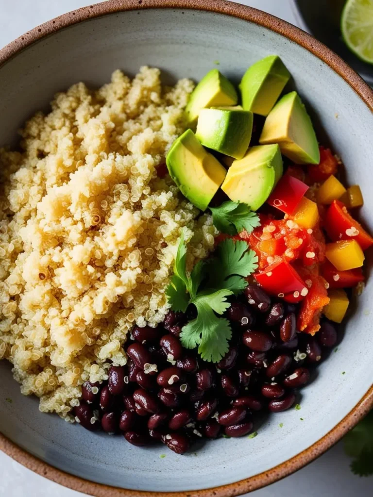 A colorful and nutritious bowl filled with fluffy quinoa, black beans, roasted bell peppers, avocado, and fresh cilantro. It looks like a delicious and healthy meal.