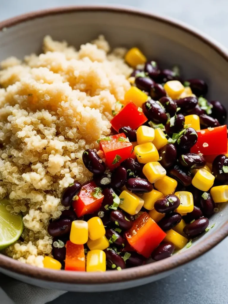 A bowl of quinoa topped with a colorful mix of black beans, diced bell peppers, and sweet corn kernels. The dish looks fresh and flavorful, perfect for a light and healthy meal.