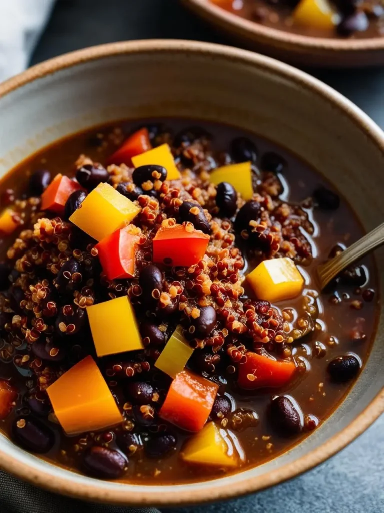 A bowl of hearty and flavorful chili, made with black beans, quinoa, and colorful bell peppers. The chili looks delicious and ready to be enjoyed on a cold day.