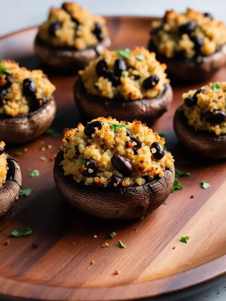 A platter of vegetarian stuffed mushrooms. Each mushroom cap is filled with a flavorful mixture of quinoa, black beans, and spices, topped with a sprinkle of parsley. They look hearty and delicious.