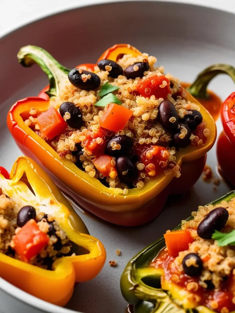 A plate of colorful stuffed bell peppers. Each pepper is filled with a flavorful mixture of quinoa, black beans, diced tomatoes, and spices. The peppers look vibrant and inviting.