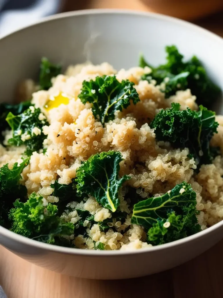 A bowl of quinoa topped with sautéed kale and a drizzle of olive oil. The quinoa is fluffy and cooked to perfection, while the kale adds a vibrant green color and a touch of crunch. It looks like a healthy and delicious side dish or light meal.