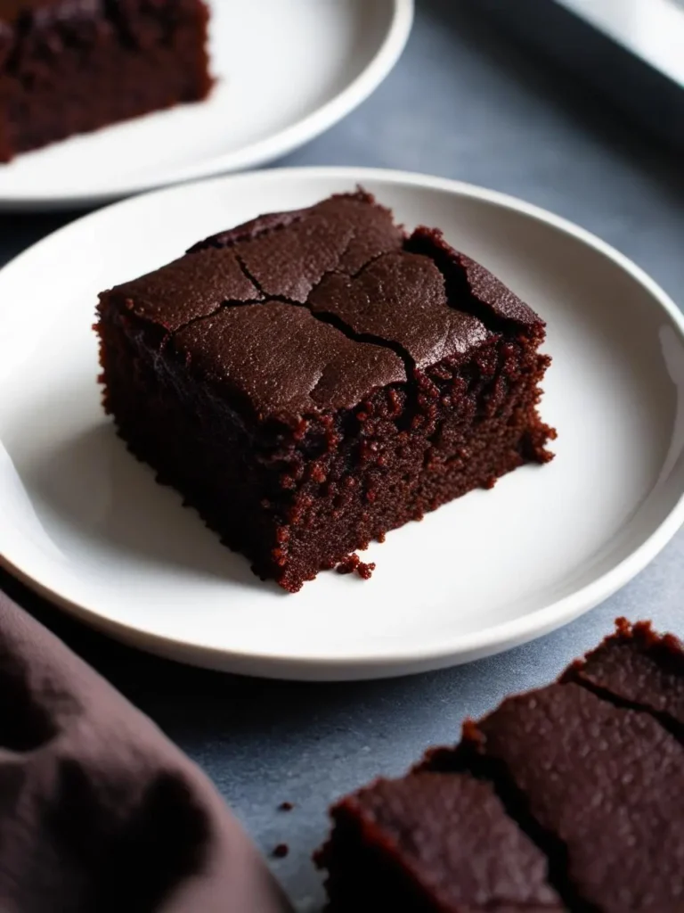 A square of rich, dark chocolate brownie sits on a white plate. The brownie has a slightly cracked top and looks incredibly moist and fudgy.