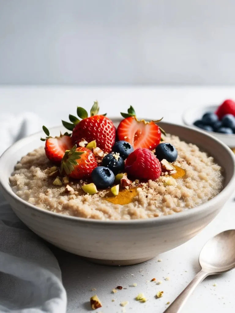 A bowl of creamy quinoa porridge topped with a colorful medley of fresh berries, chopped nuts, and a drizzle of honey. It's a wholesome and delicious breakfast option.