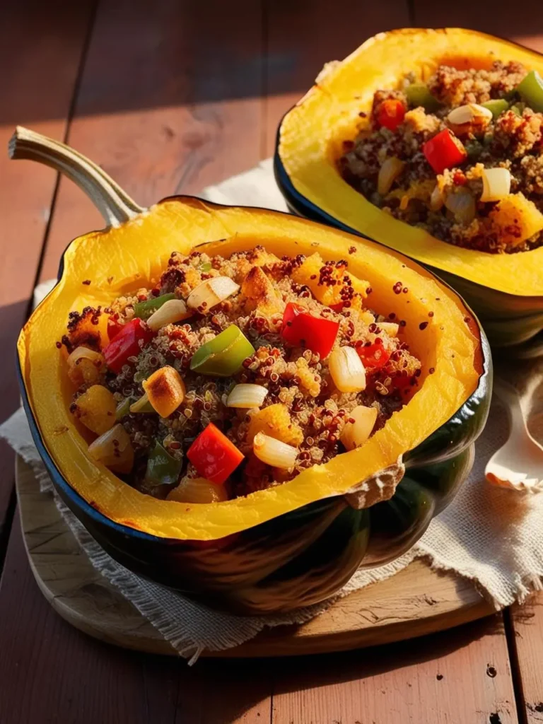 A close-up of two acorn squash halves filled with a colorful quinoa and vegetable mixture. The squash is roasted to a golden brown, and the filling is topped with crispy onions and a sprinkle of herbs. The dish looks vibrant and healthy, perfect for a fall meal.