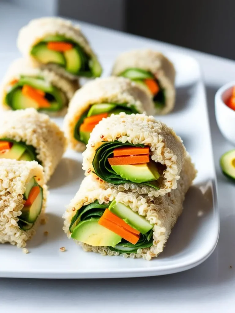 A platter of colorful quinoa sushi rolls. Each roll is filled with vibrant vegetables like avocado, carrots, and spinach, making it a healthy and visually appealing snack or light meal.