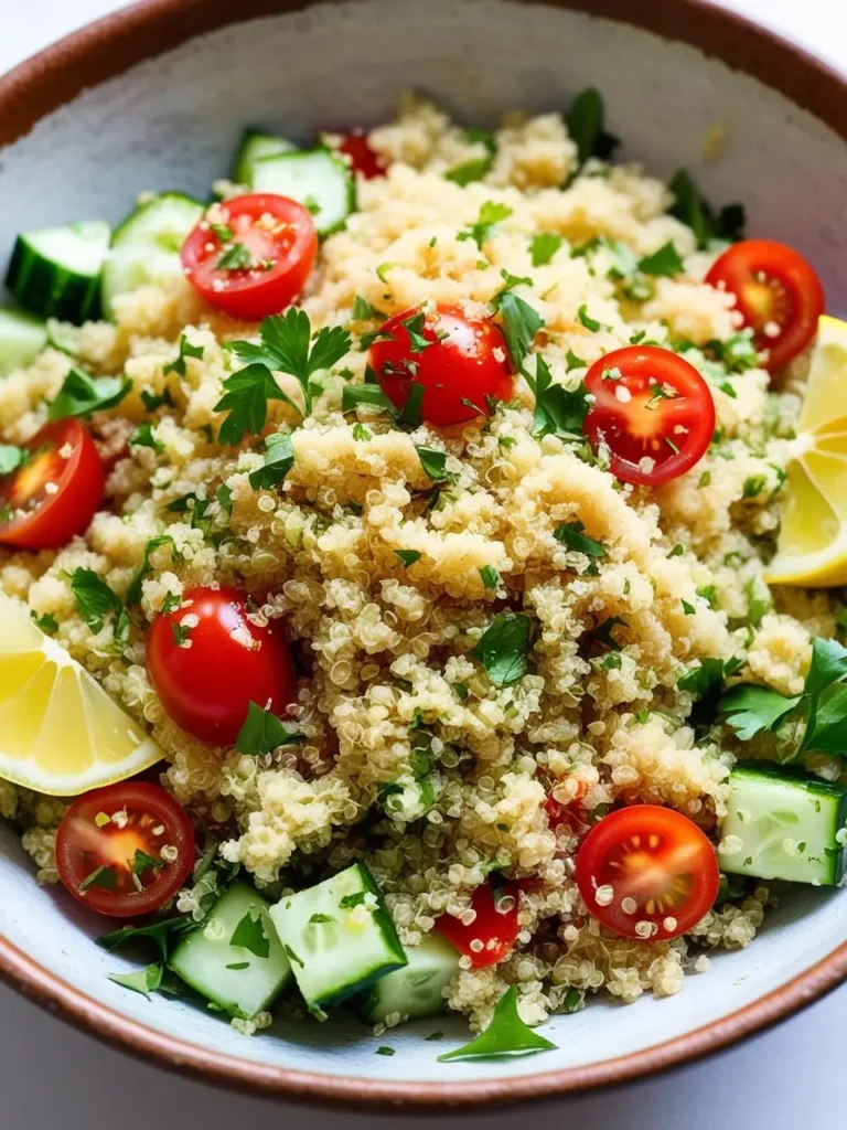 A bowl of refreshing quinoa salad. The salad is loaded with vibrant ingredients like fluffy quinoa, juicy cherry tomatoes, sliced cucumbers, fresh parsley, and lemon wedges. It looks light, healthy, and perfect for a summer meal.