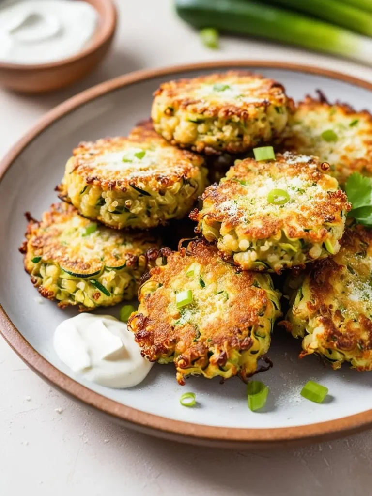 A plate of golden-brown zucchini fritters. The fritters are crispy on the outside and tender on the inside, and they're served with a dollop of sour cream and chopped green onions. It looks like a delicious and healthy appetizer or side dish.