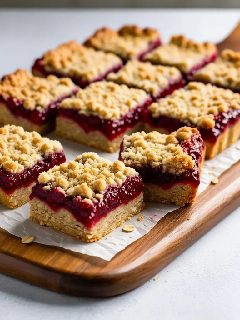 A wooden board filled with squares of raspberry crumble bars. The bars have a golden brown crust and a sweet, tart raspberry filling topped with a buttery oat crumble. The image looks incredibly appetizing and perfect for a dessert or snack.