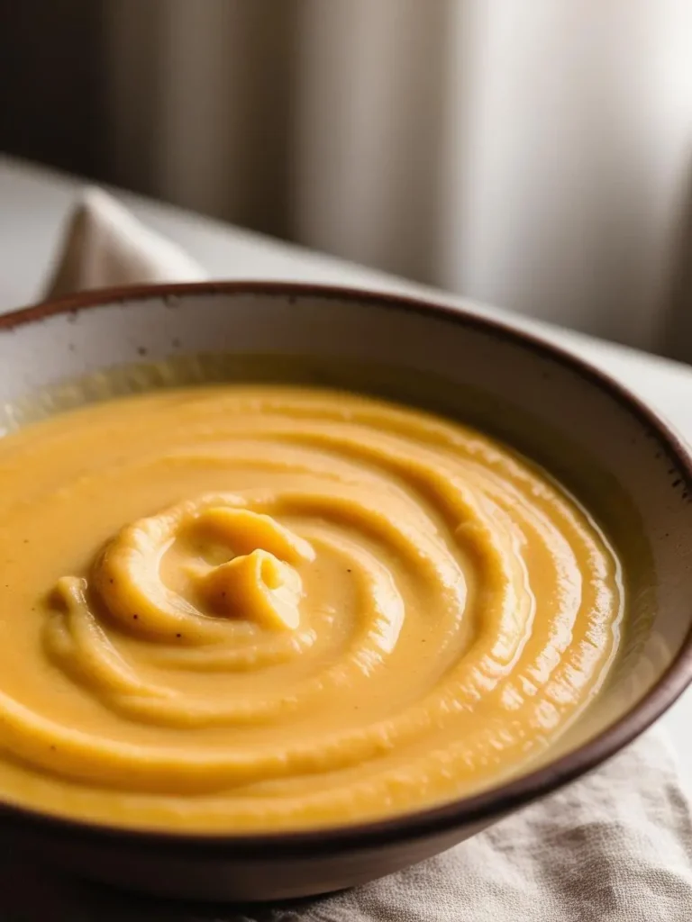 A close-up view of a bowl of creamy butternut squash soup. The soup is a vibrant orange color and has a smooth, swirling texture. The bowl is placed on a linen napkin on a table near a window.