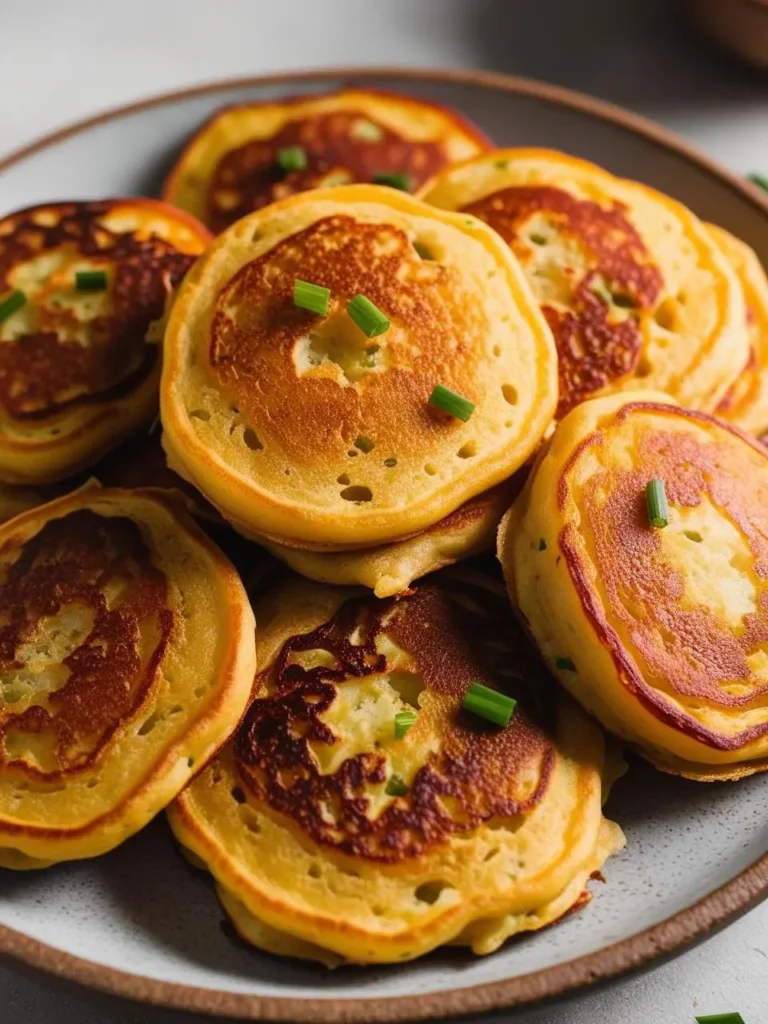 A close-up view of a stack of golden brown potato pancakes on a plate. The pancakes are crispy on the outside and fluffy on the inside, with a few chives sprinkled on top.