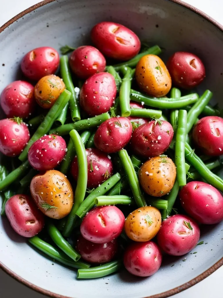 A bowl filled with a vibrant medley of red and yellow potatoes, cooked green beans, and fresh dill sprigs. The potatoes and beans are seasoned with salt and pepper.