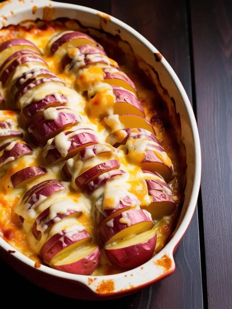 A close-up view of a cheesy scalloped potato bake in an oval baking dish. The potatoes are thinly sliced and layered with melted cheese, creating a golden brown crust.