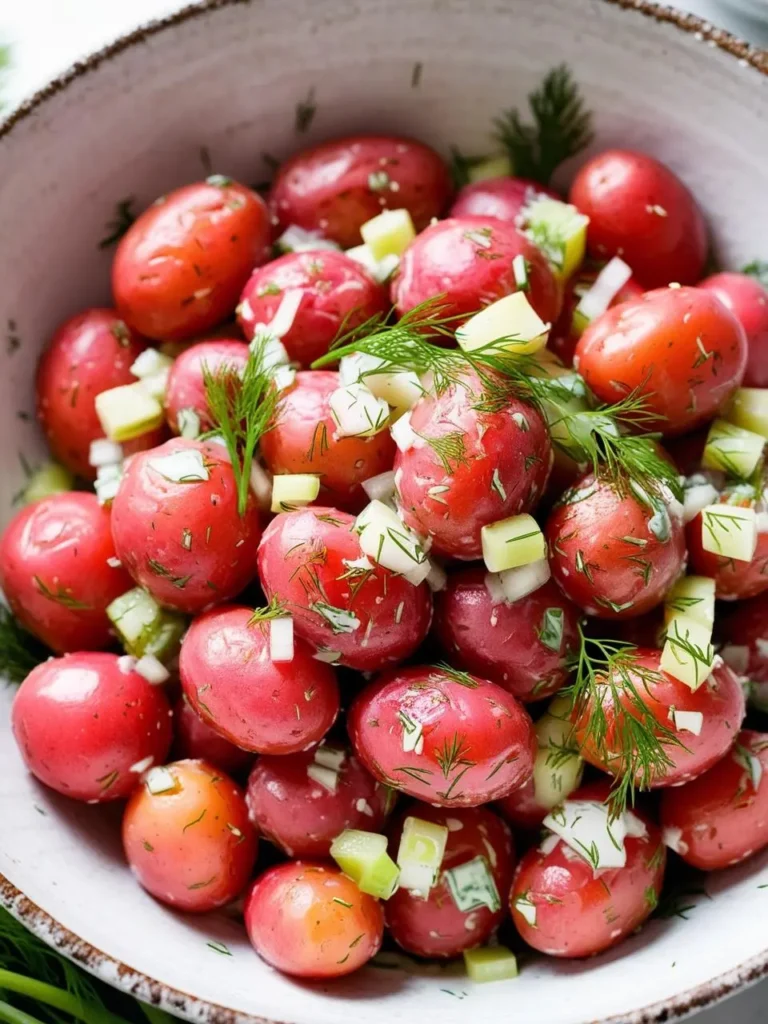 A bowl of creamy potato salad with red potatoes, fresh dill, and chopped celery.