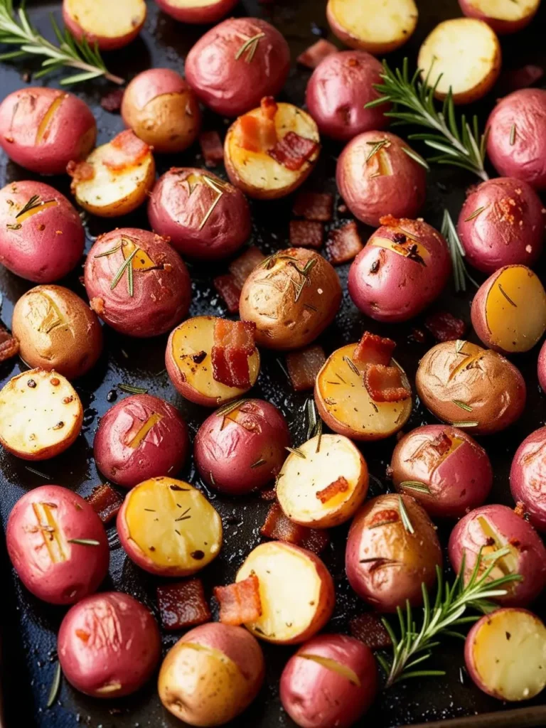 A close-up view of a sheet pan filled with roasted red potatoes. Some of the potatoes are halved and topped with crispy bacon bits. Fresh rosemary sprigs are scattered throughout.