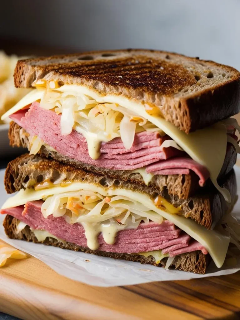 A classic Reuben sandwich with corned beef, sauerkraut, Swiss cheese, and Thousand Island dressing on grilled rye bread.