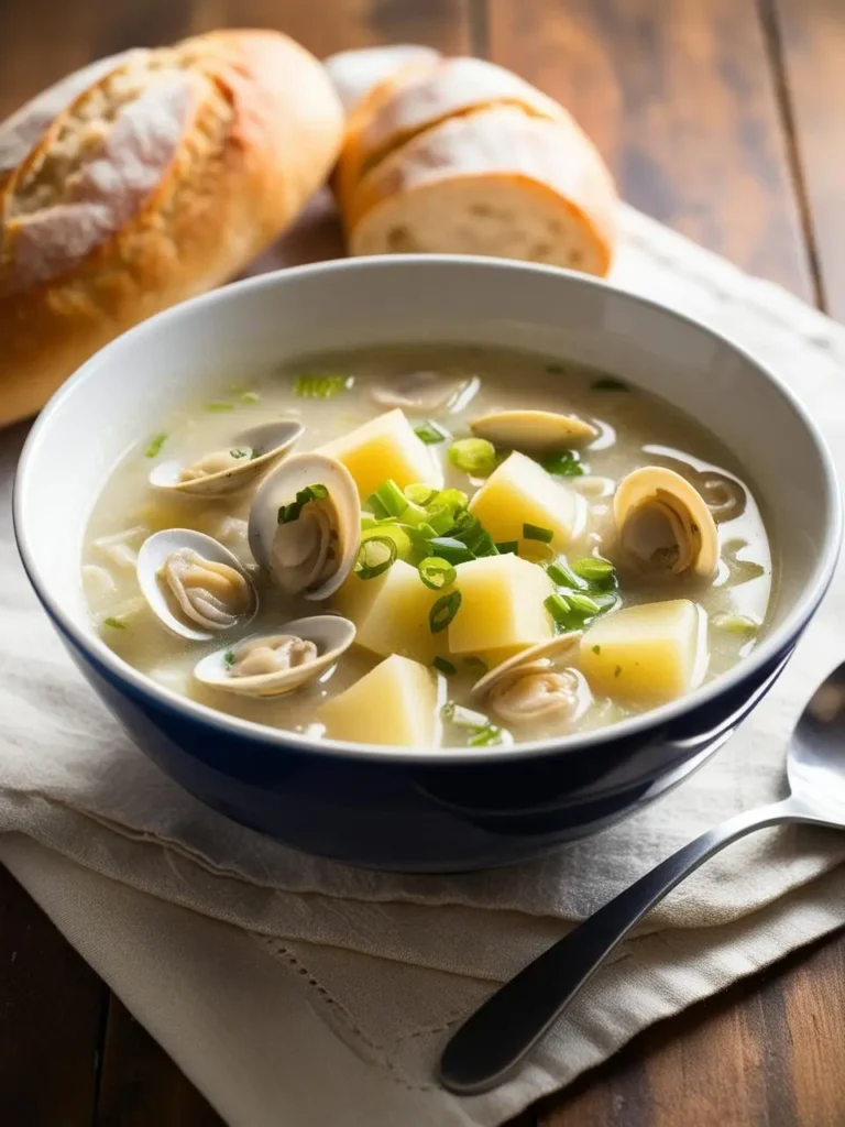 A bowl of steaming clam chowder with potatoes, clams, and a hint of green onions. The chowder looks creamy and comforting, with fresh bread rolls on the side. It's a perfect winter warmer.