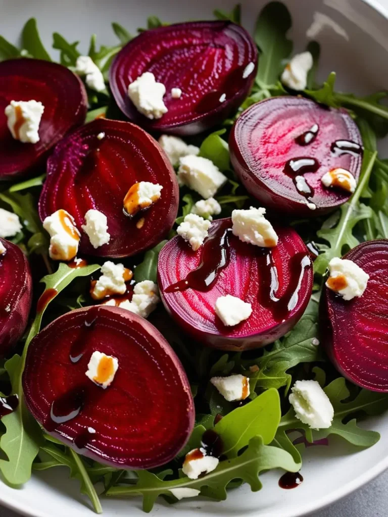 A vibrant and healthy salad featuring roasted beet slices drizzled with balsamic glaze and topped with crumbled feta cheese. The beets are arranged on a bed of arugula, creating a colorful and flavorful dish.