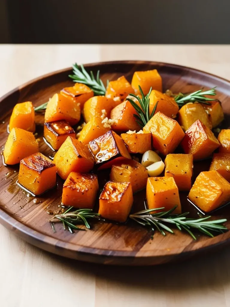 A wooden plate filled with roasted butternut squash cubes. The squash is caramelized and glistening, with a rich, golden color. The dish is garnished with fresh rosemary and roasted garlic cloves.