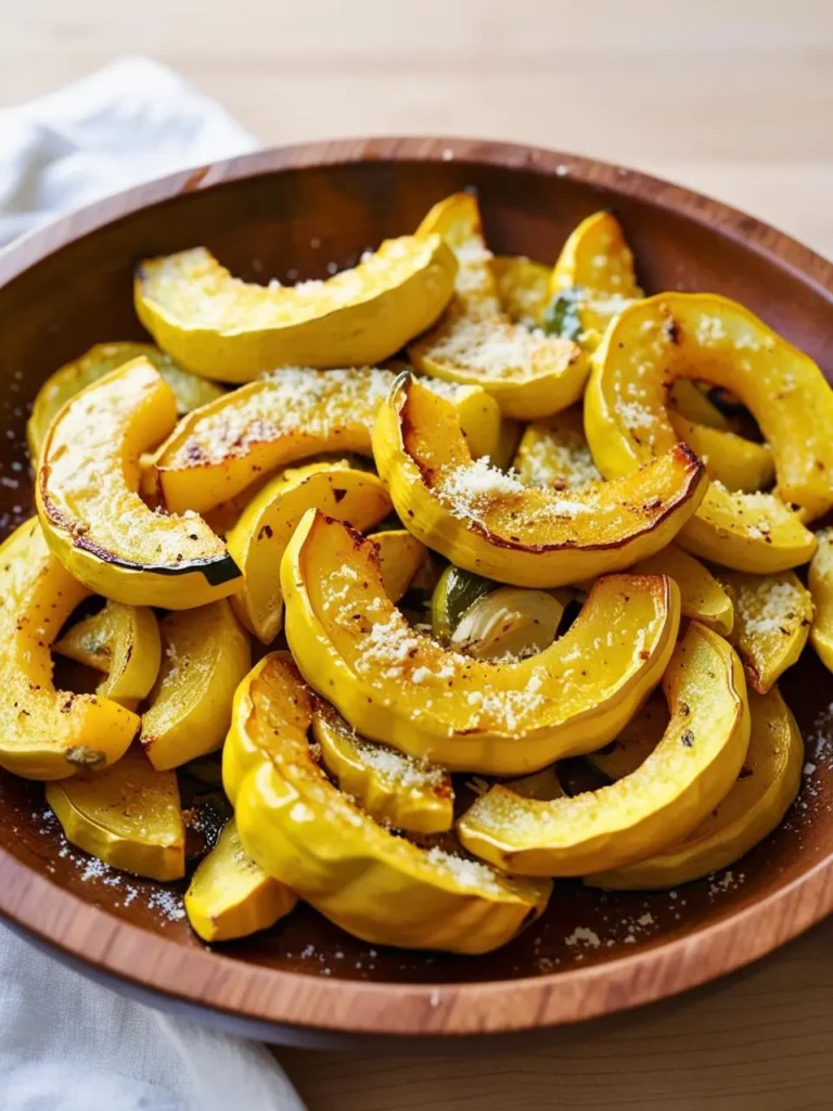 A large wooden bowl filled with roasted yellow squash slices. The squash is golden brown and sprinkled with grated Parmesan cheese.