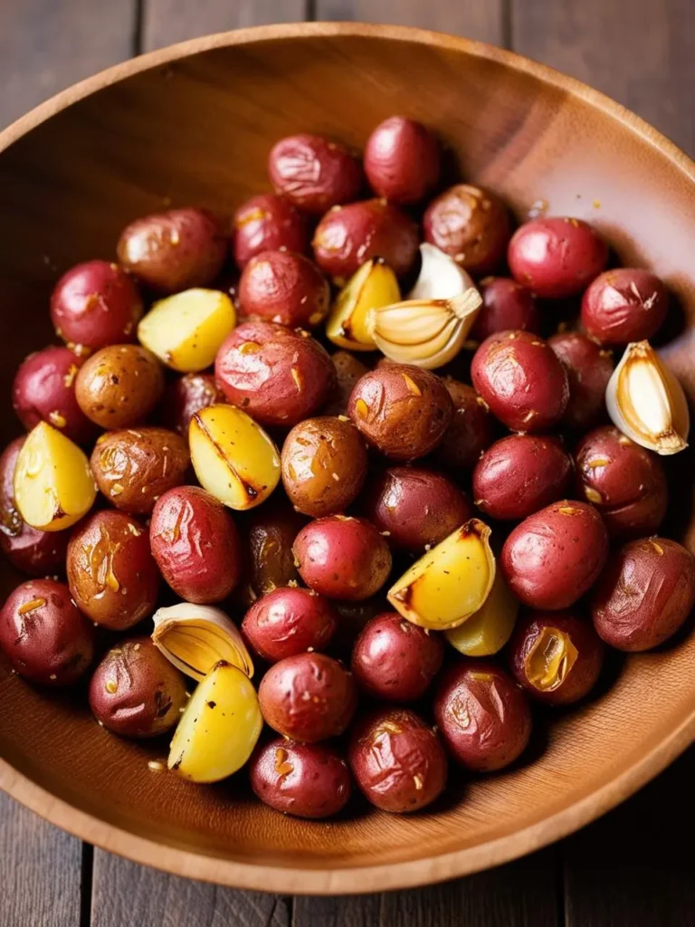 A large wooden bowl overflowing with roasted red potatoes. Some potatoes are halved, and there are roasted garlic cloves scattered throughout.