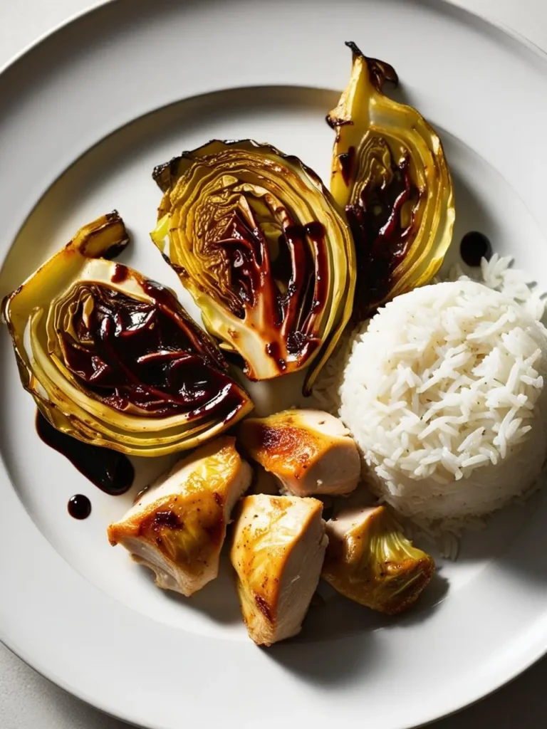 A plate of pan-seared chicken breast, served alongside grilled wedges of Savoy cabbage drizzled with a balsamic glaze and a side of fluffy white rice. The dish looks elegant and flavorful.