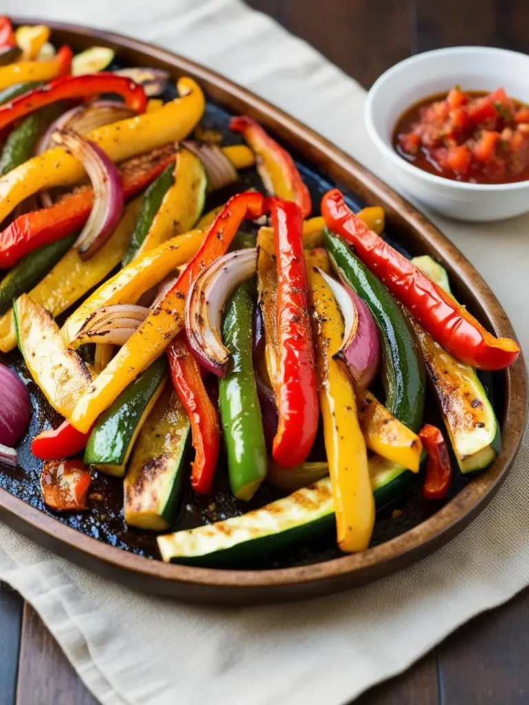 A platter of colorful grilled vegetables, including bell peppers, zucchini, and onions. The vegetables are perfectly charred and seasoned, making them a delicious and healthy side dish or topping for tacos and burritos.