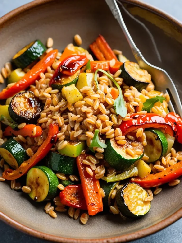 A hearty farro salad with roasted vegetables, including zucchini, red bell peppers, and carrots, in a rustic bowl. The farro grains are mixed with the caramelized vegetables, drizzled with a savory dressing, and garnished with fresh herbs. The dish offers vibrant colors and a rich, smoky flavor.