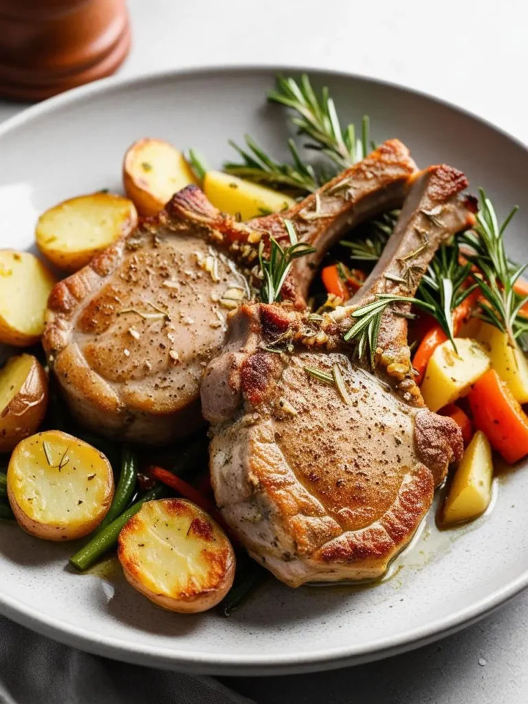 Two perfectly cooked pork chops, seasoned with rosemary and garlic, are nestled alongside roasted potatoes, carrots, and green beans. The dish looks hearty and flavorful, perfect for a comforting meal.