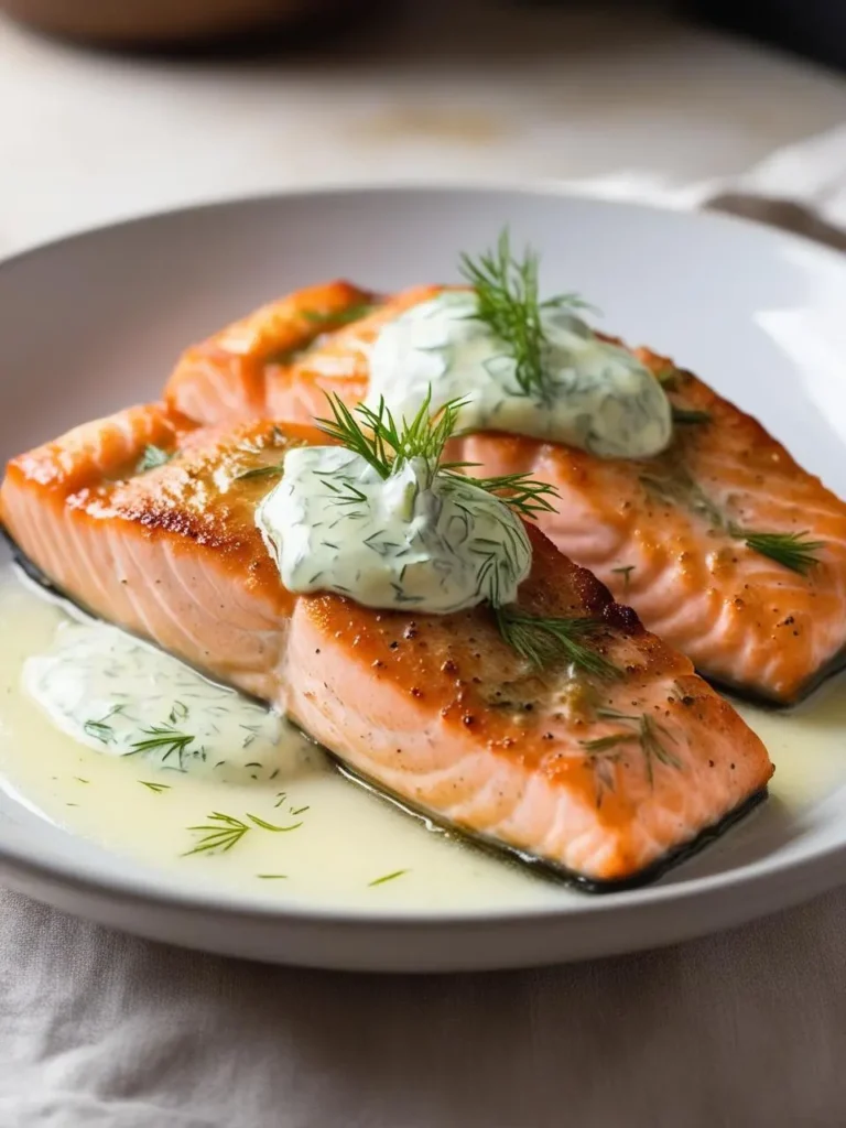 Two golden-brown salmon fillets are drizzled with a creamy dill sauce and garnished with fresh dill sprigs. The fish looks perfectly cooked and incredibly appetizing.