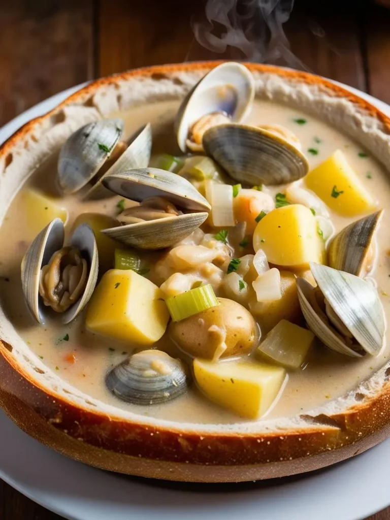 A steaming bowl of clam chowder served in a bread bowl. The chowder is filled with clams, potatoes, and vegetables, and the bread bowl adds a delicious element to the dish. It looks like a hearty and comforting meal.