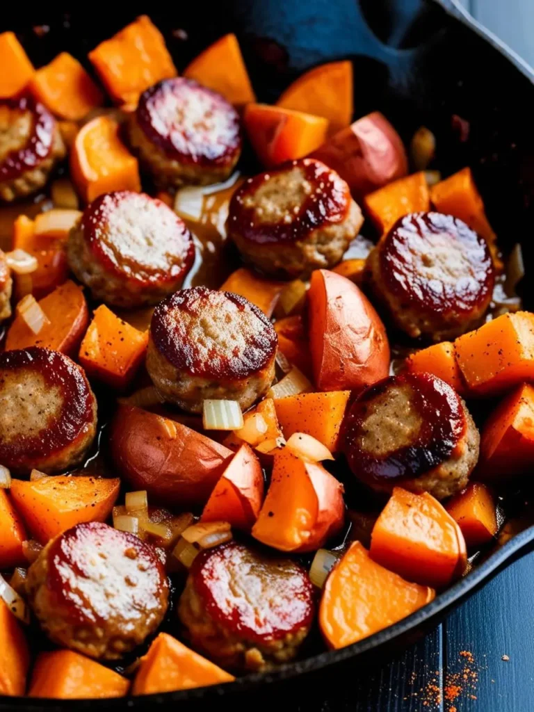 A close-up of a skillet filled with a delicious one-pan meal. Golden-brown sausages are nestled among roasted sweet potatoes and onions, all simmering in a flavorful sauce. The dish looks hearty, comforting, and perfect for a weeknight dinner.