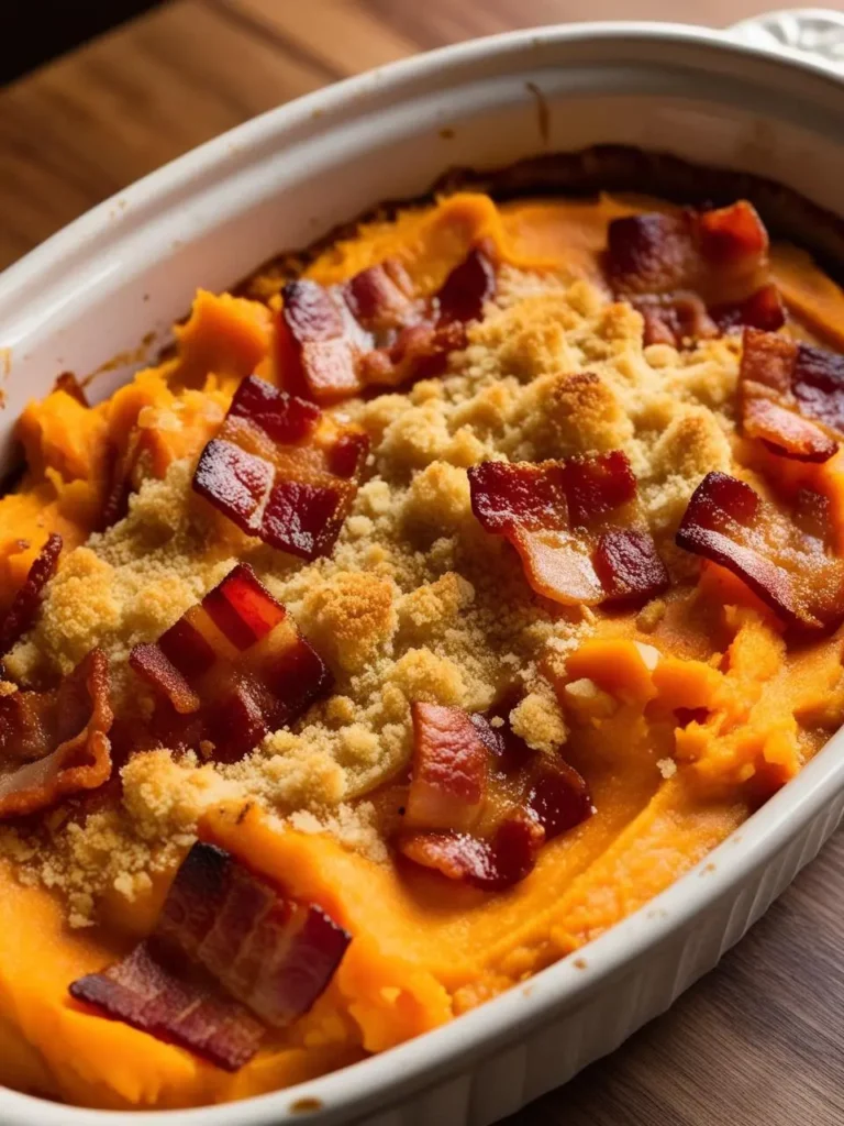 A golden-brown sweet potato casserole topped with crispy bacon bits and a crumbly topping. The casserole is in a white ceramic dish and looks incredibly appetizing and perfect for a holiday meal.




