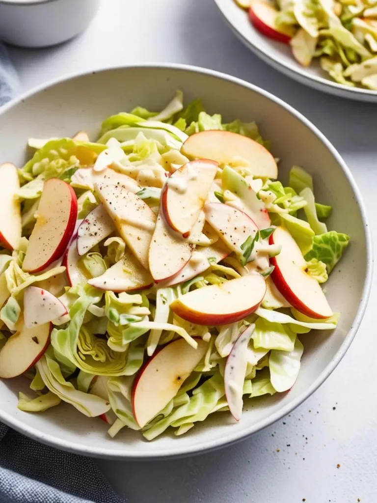 A bowl of fresh and vibrant coleslaw. Thinly sliced cabbage is tossed with crisp apple slices, a creamy dressing, and a sprinkle of fresh herbs. It's a light and refreshing side dish.