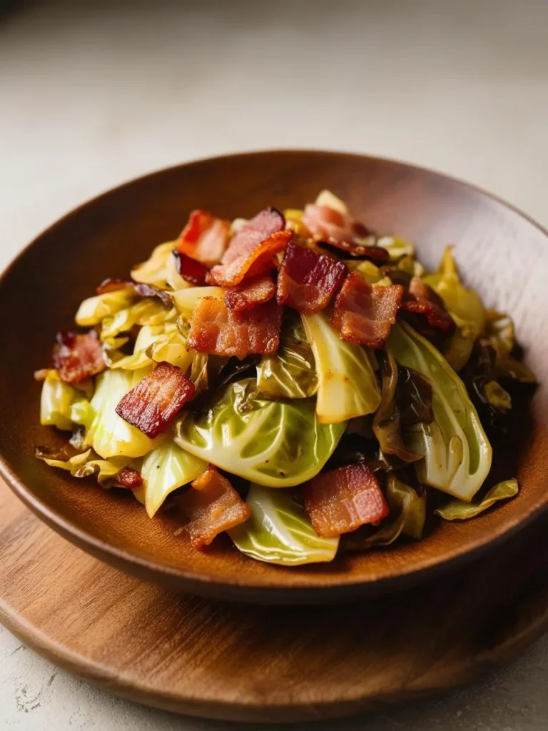 A plate of sautéed Savoy cabbage with crispy bacon bits. The cabbage is cooked to a tender-crisp texture and the bacon adds a salty, smoky flavor.