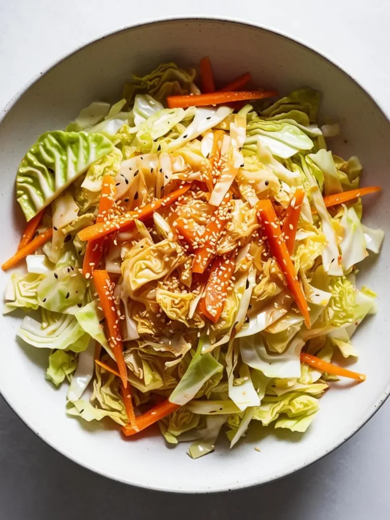 A bowl of vibrant slaw with shredded cabbage, shredded carrots, and a sprinkle of sesame seeds. The slaw looks fresh, crunchy, and perfect as a side dish or light lunch.