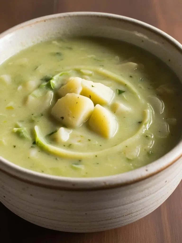 A bowl of creamy leek and potato soup. The soup is a pale green color and topped with chunks of potato.