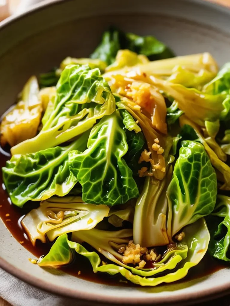 A plate of stir-fried Savoy cabbage with a glossy sauce. The cabbage is cooked to perfection, retaining its vibrant green color and crisp texture. The sauce adds a rich flavor and shine to the dish.